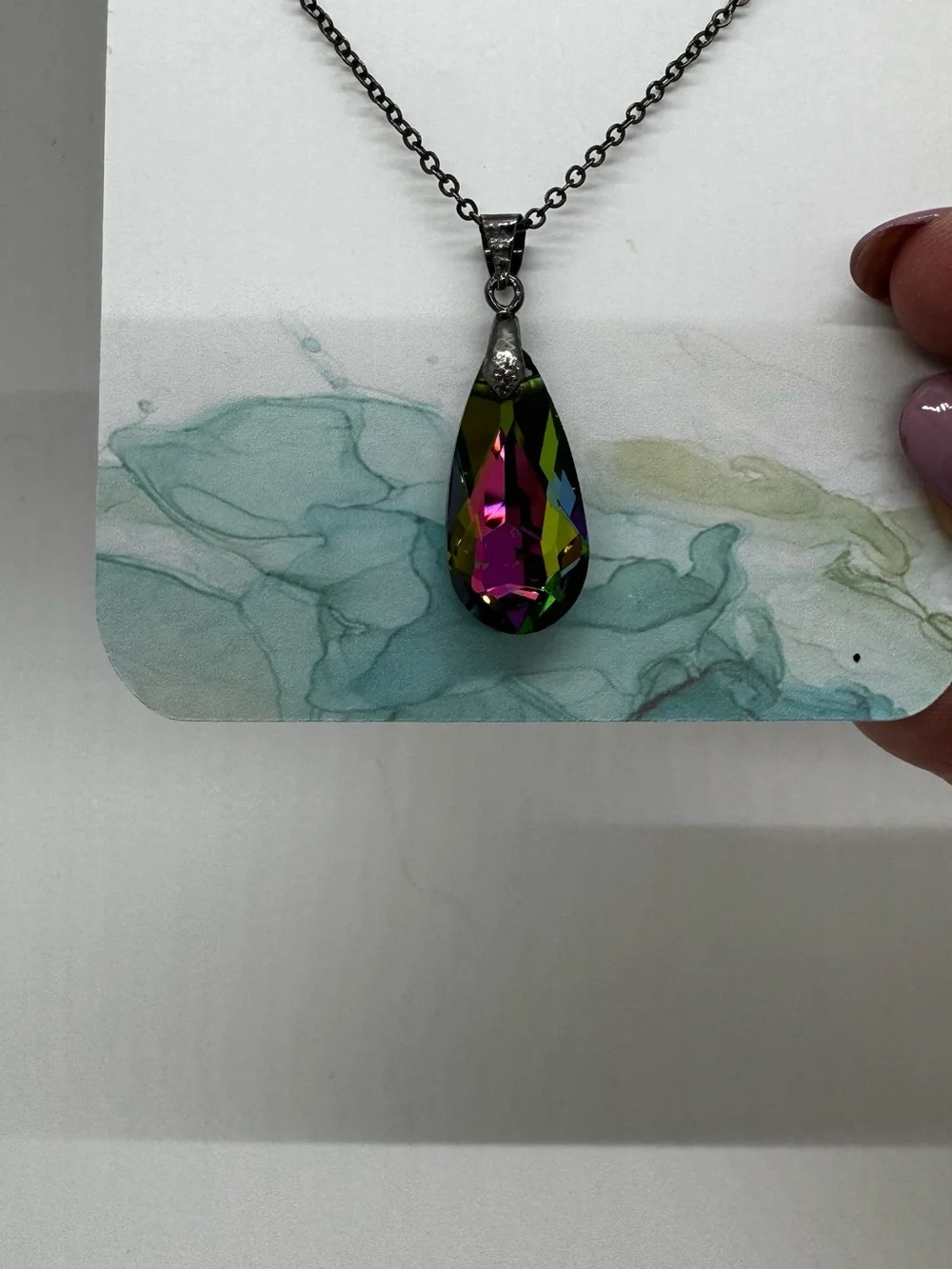 Multicolor “Oil Spill” Teardrop Pendant Necklace - Iridescent